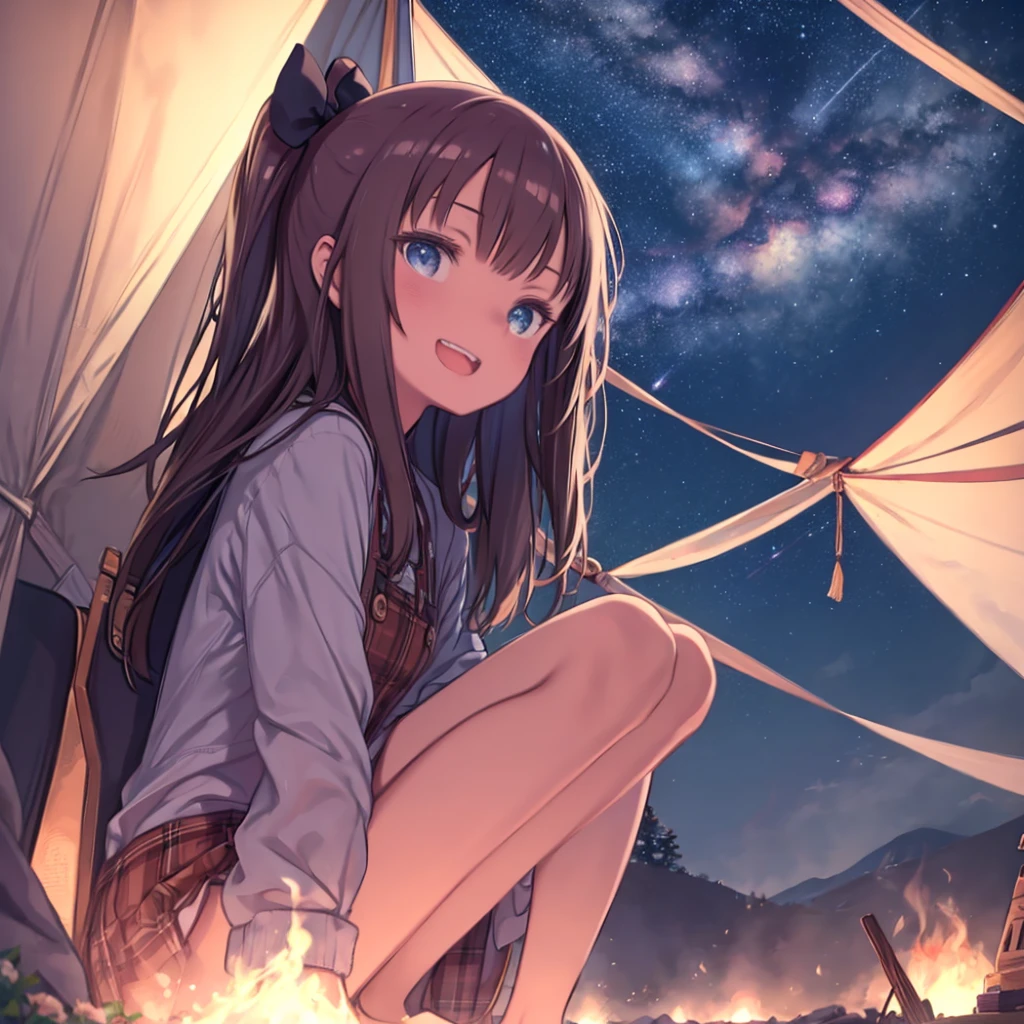 masterpiece、highest quality、High resolution、Very detailed、Medium wide shot、Beautiful eyes、Girl、Bonfire、camp、Crouching、tent、night、Starry Sky、Angle from below、laughing、