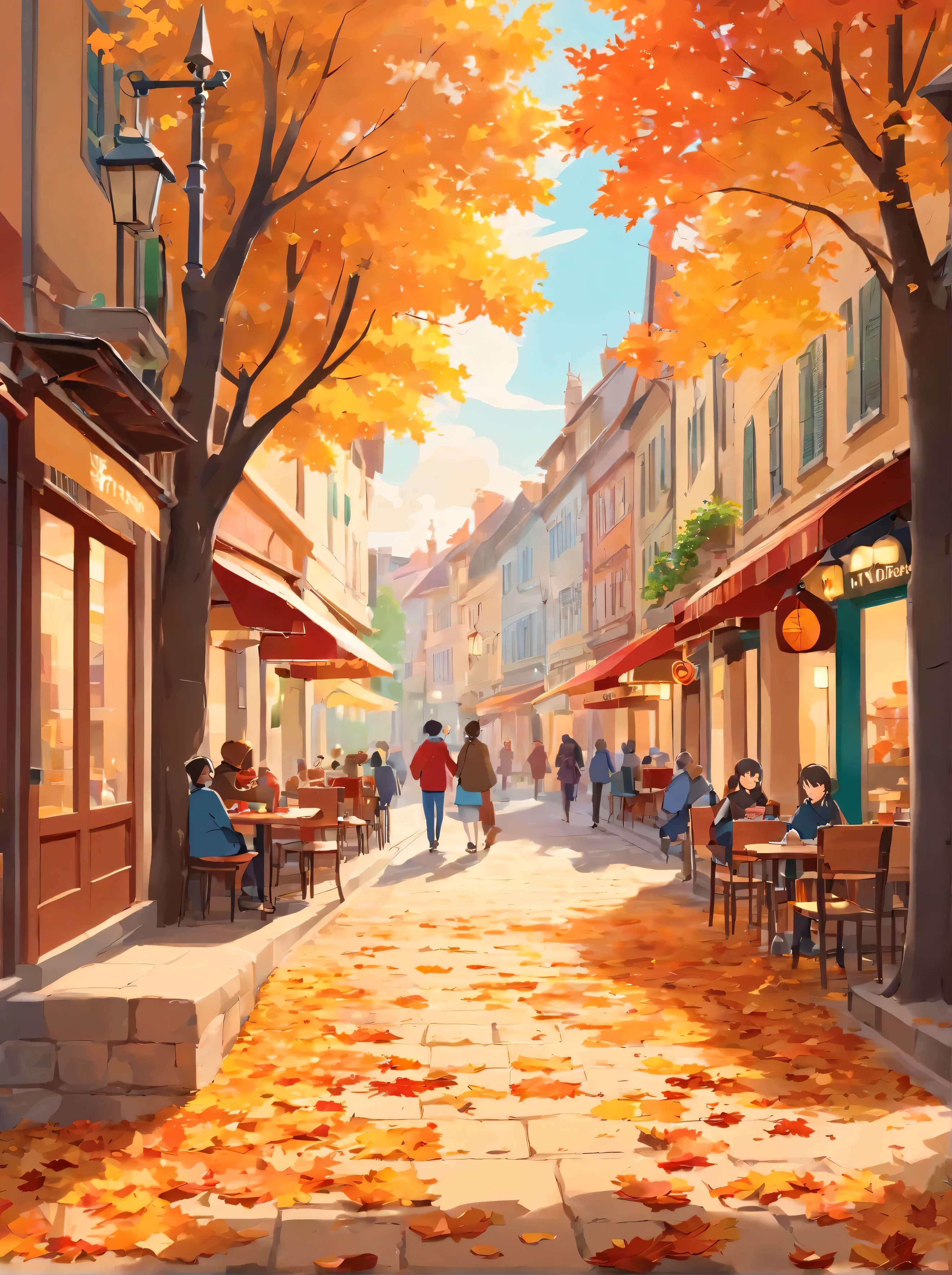 (Best quality,4K,8K,A high resolution,Masterpiece:1.2),(paper art:1.2,The art of paper:1.3),Ultra-detailed,(Realistic,Photorealistic,photo-realistic:1.37),Autumn Street,illustration,Beautiful autumn colors,Vibrant foliage on sidewalks and streets,Cozy atmosphere,Fresh air,People strolling on the sidewalk,Warm golden sunlight pours down through the trees,Seasonal décor adds charm and warmth,The leaf-covered ground crunched under the sound of footsteps,Nostalgic architecture with intricate details,Narrow cobbled streets wind through the city,Historic building with colorful facades,Bustling café,Outdoor seating available,People enjoy hot drinks and chat,Fallen leaves swirl in the breeze,Soft shadows cast by trees,Picturesque town square,There is a majestic fountain,The leaves float gently in the water,Fallen leaves form a natural carpet,The artist captures the scene on canvas,The autumn fragrance of cinnamon and baked goods wafts from a nearby bakery,Endless trees in blooming autumn splendor,leaves rustling in the wind,Autumn Fashion,Wear yours with a cosy scarf and jacket,People stop to photograph the picturesque landscape,Children playing in piles of leaves,Autumn harvest displayed at the local market,Spontaneous street performances spread joy and laughter,Friendly smile and warm greeting,Fallen leaves dance in the sun,a peaceful and serene atmosphere,Enjoy the tranquility of bright colors,The magical atmosphere that captures the essence of autumn.
