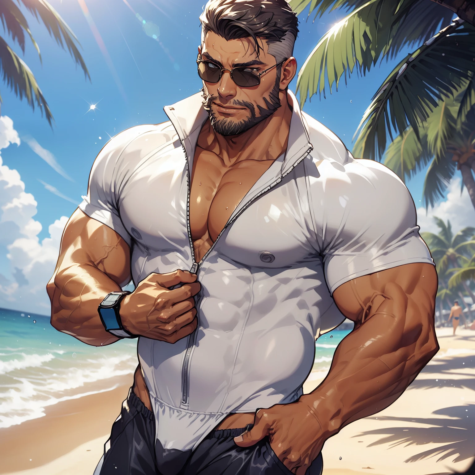 A handsome rich man at the beach, muito lascivo, imponente, Vista lateral, below pov, corpo inteiro, 50 years old, grey short hair , thick grey beard, dark oliva skin color, peitorais largos, peitorais enornes, hair chest, pose sensual, rindo do espectador, wearing a tight white transparent swimming suit and a tight speedo, sunglasses, wet body, bare arms, big bulge, thick thights, Obra-prima maravilhosa altamente detalhada, beautiful cinematic light deep focus, elegante, Pintura digital, sementes, sharp focus, golden ratio, dramatic lighting, 8k