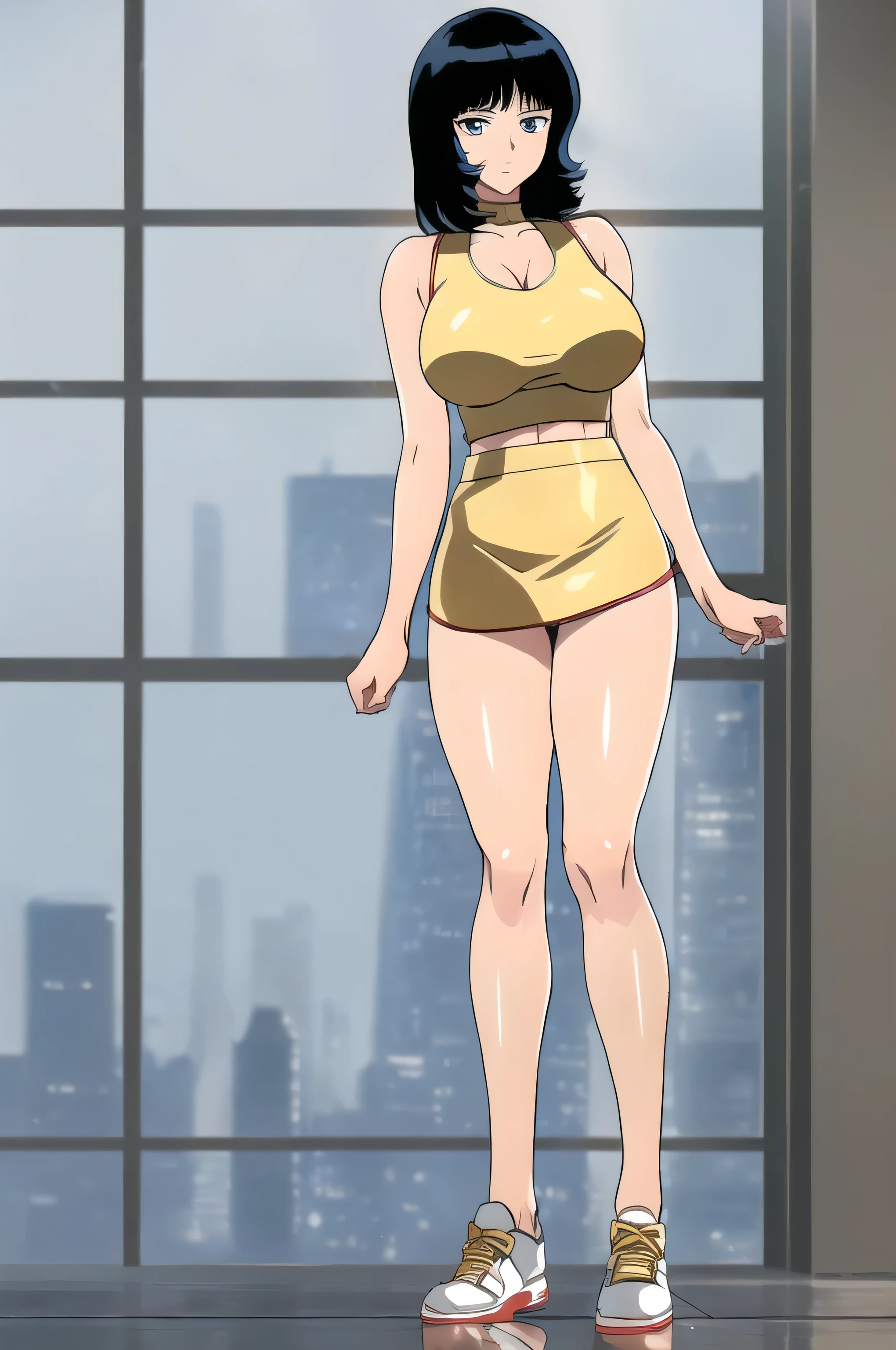 (Masterpiece, Top Quality, Highly Detailed, 16K Anime High Resolution, Anime Style, Clean Brush Strokes, Highly Detailed, Anatomically Perfect Body), ((Fayuri)), Solo, Sexy, Perfect Face, beautiful smile, medium hair, black hair, beautiful and delicate eyes, black eyes, glamorous body, (big breasts: 1.0), (tank top, red), beautiful cleavage, (yellow miniskirt, one side cut) ), sneakers, toned stomach, wide hips: 0.5, (big butt: 0.6), beautiful legs, (standing, front, legs apart), forward facing, (city background), low angle photo,