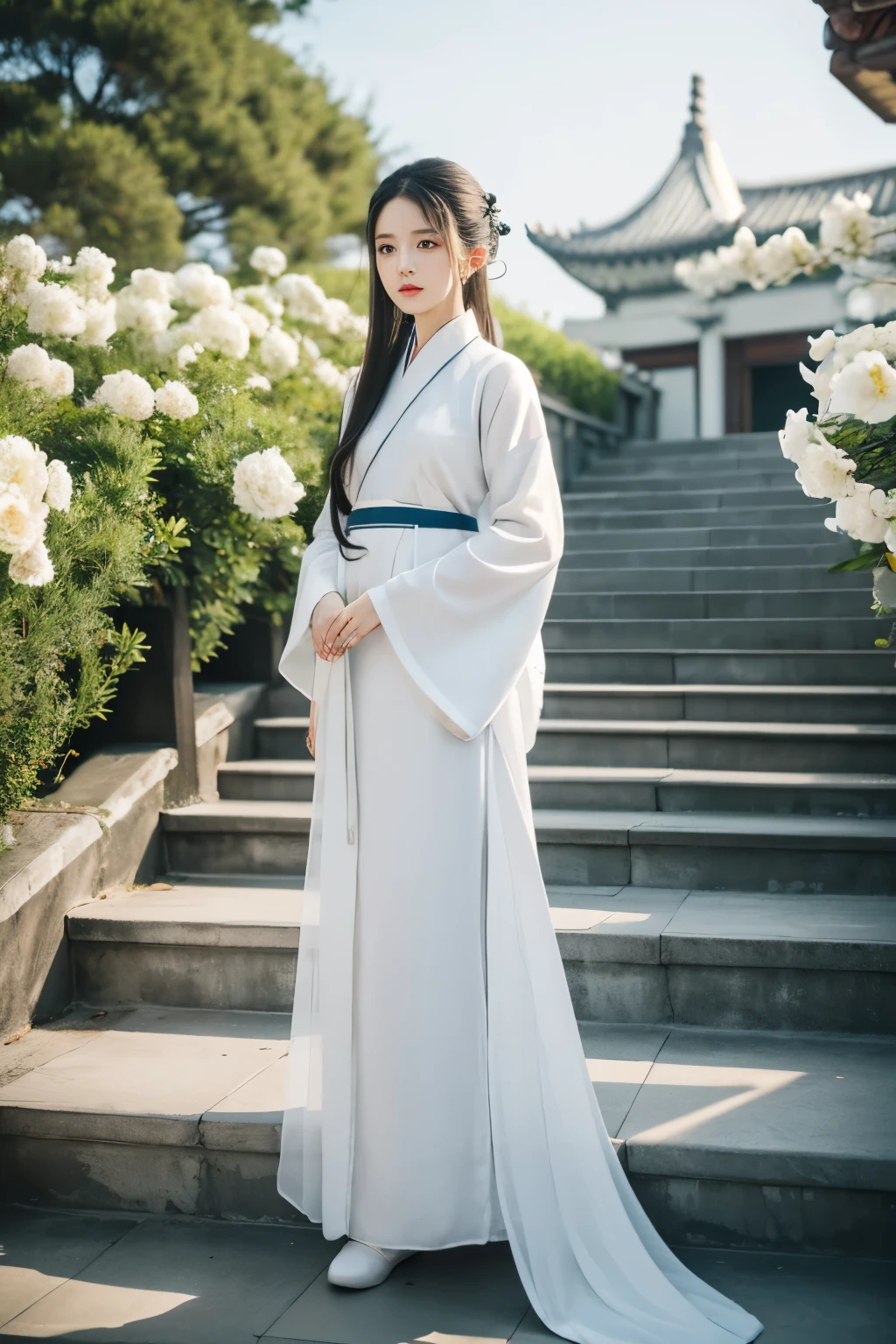 (masterpiece), (best quality), RAW photo, girl, Hanfu, white Hanfu, simple Hanfu, stand, white flowers background, stair, outdoor