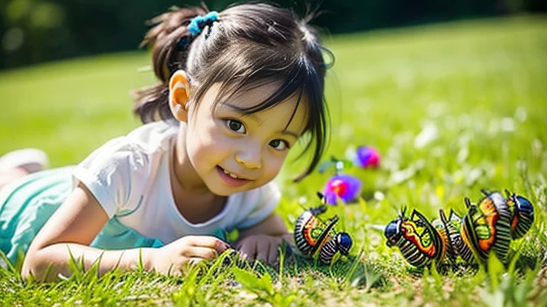 Children playing with beautiful caterpillars in the grassland、Children playing with caterpillars in the forest、