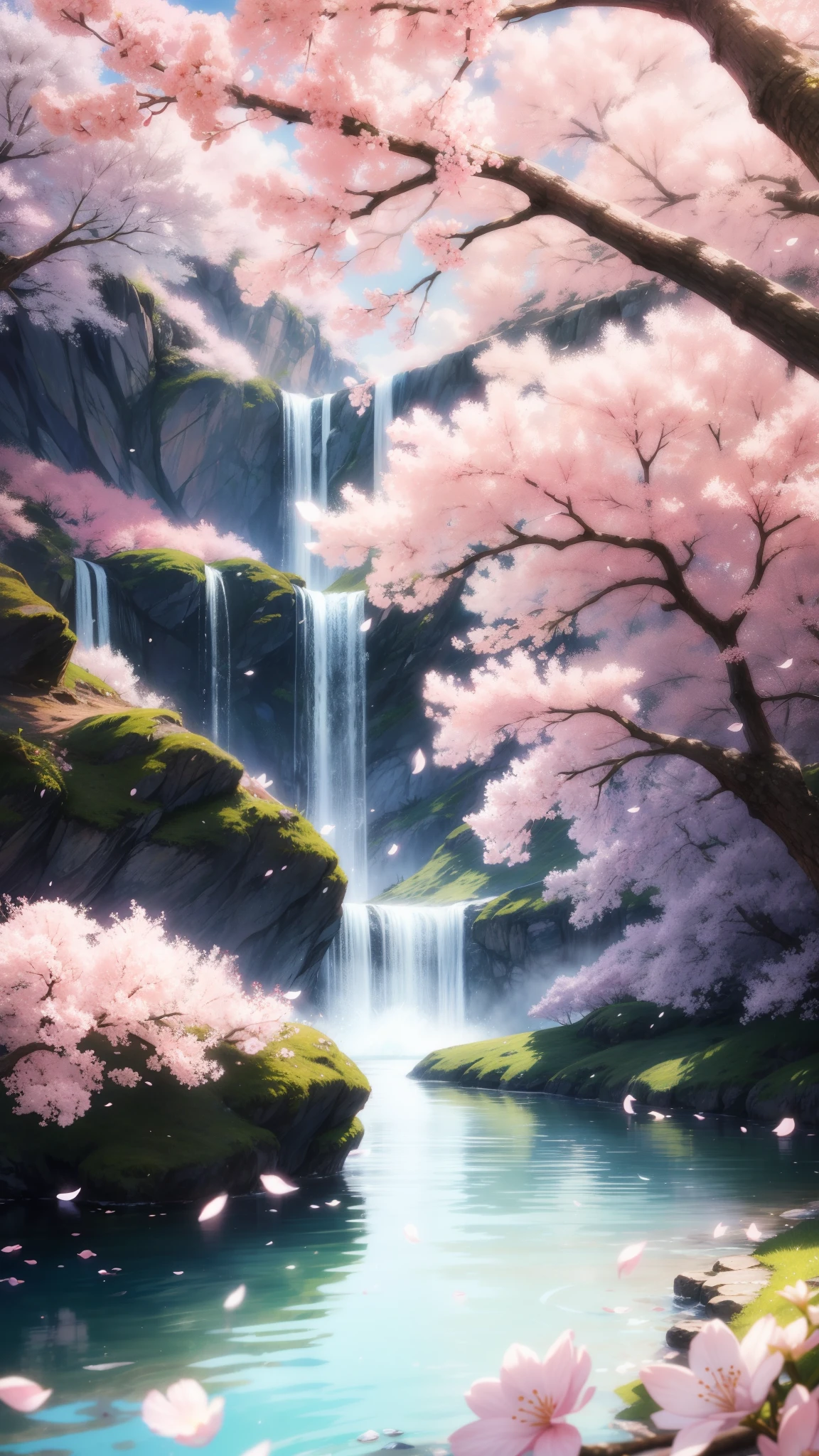 The spring scenery comes into view。Cherry blossom petals fluttering and dancing on the water、It sways gracefully as if being lured by the wind.。Pale pink petals、It blends beautifully with the blue sky reflected on the water.、Feel the coming of spring。Warm sunlight on the tree々Through the gap、The way the soft curtain of light falls on the ground along with the petals、It's the very breath of spring.