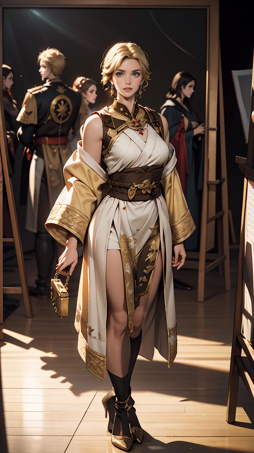 Jedi Knight, Jolly Blonde, short hair, Brown eyes. authoritarian, elegant, Famous, Embroidery round, Looking at the camera. Very detailed, Digital Painting, Art Station, Conceptual Art, Smooth, Sharp focus, figure, An illustration：Wlop, Charlie Bowter and Alexandra Fomina. Full body photo.