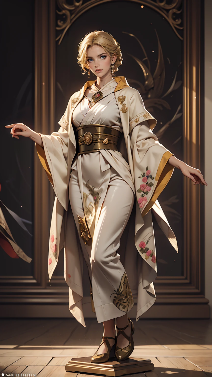 Jedi Knight, Jolly Blonde, short hair, Brown eyes. authoritarian, elegant, Famous, Embroidery round, Looking at the camera. Very detailed, Digital Painting, Art Station, Conceptual Art, Smooth, Sharp focus, figure, An illustration:Wlop, Charlie Bowter and Alexandra Fomina. Full body photo.