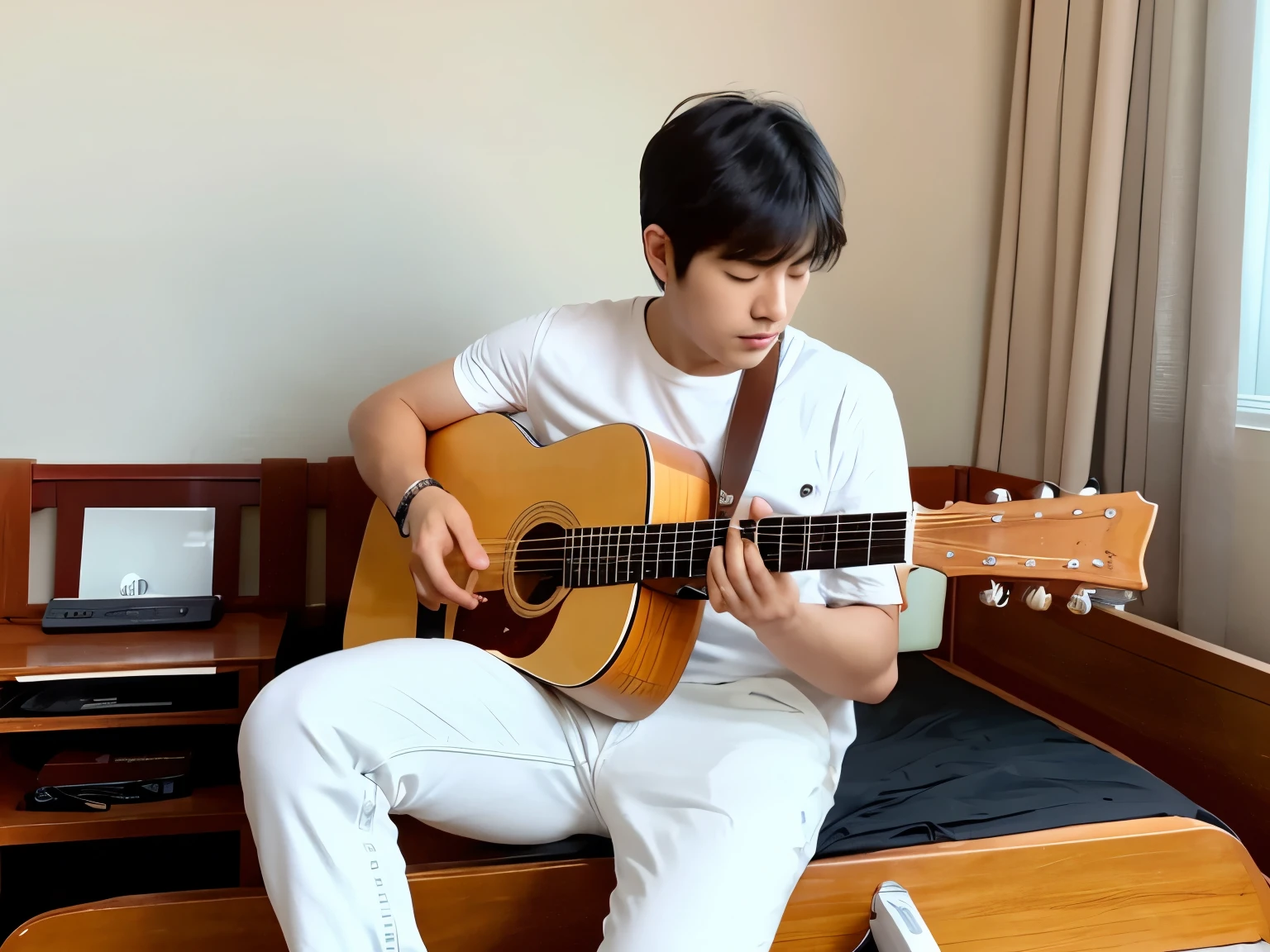 Create images with 8k clarity.,
It's a virtual image., High definition photos,
It is a 180 degree wide viewing angle.,
go pro camera view,
It is a picture of a 30 year old young man.,
Good looks, white skin, white face,
I am half Thai and half South Korean.,
Keep your hair in a low, slightly long style.,
Keep your bangs neat and simple in a cute, Korean style., Wear only white pants., Sitting hugging a red acoustic guitar, There was only light from the bedside lamp., I want to create a man.