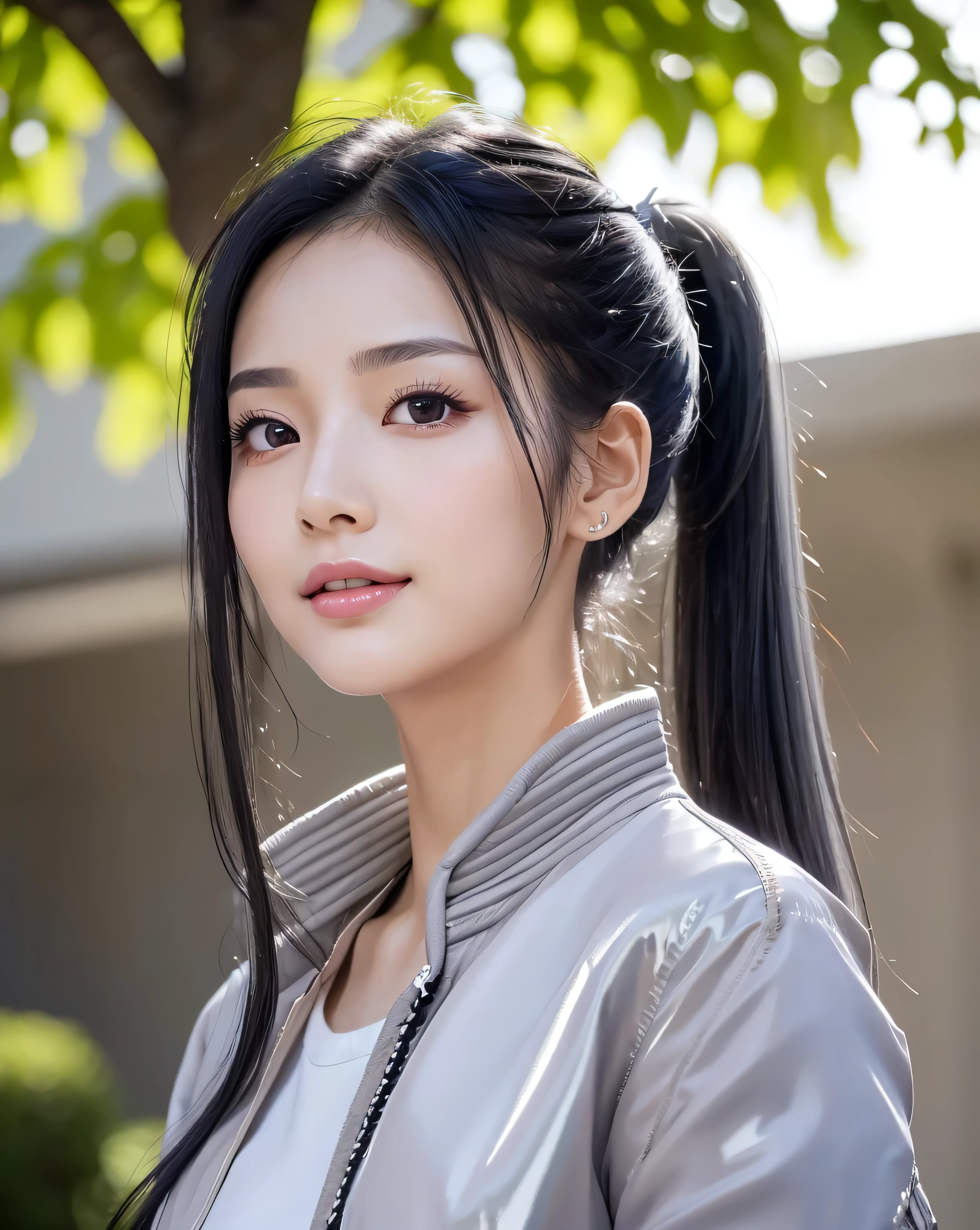 (highest quality), ((32k)), (High resolution), (Masterpiece:1.5), marimo_jet, god々A photograph with brilliant dazzling and healing power., ((Illuminated by the strong light of midsummer)), Evoking a sense of calm and elusive beauty, Expressing emotions, Have a rich imagination, Beautiful Japanese Girls, Low angle bust shot, Beautiful perfect fingers, v sign, peace sign, An exceptionally beautiful face, Small Face Beauty, Perfect Human Anatomy, Magical big eyes, Deep Love, A fleeting smile, Motherhood and generosity, ((Shiny black hair:1.3), (Beautiful ponytail)), Asymmetrical bangs, Hair between the eyes, Transparent, soft white skin, Sharp eyebrows, Thin lashes, Natural Makeup, Cheek highlighter, Pale pink detailed lips, ((Grey jacket:1.4)), White cutter shirt with red tie, University courtyard, Detailed summer sky, Slim figure with ample breasts, High resolutionの美しい太もも, Hair that shines in the gentle sunlight, Professional Lighting, Professional Photographer, Professional Model, God's Secret