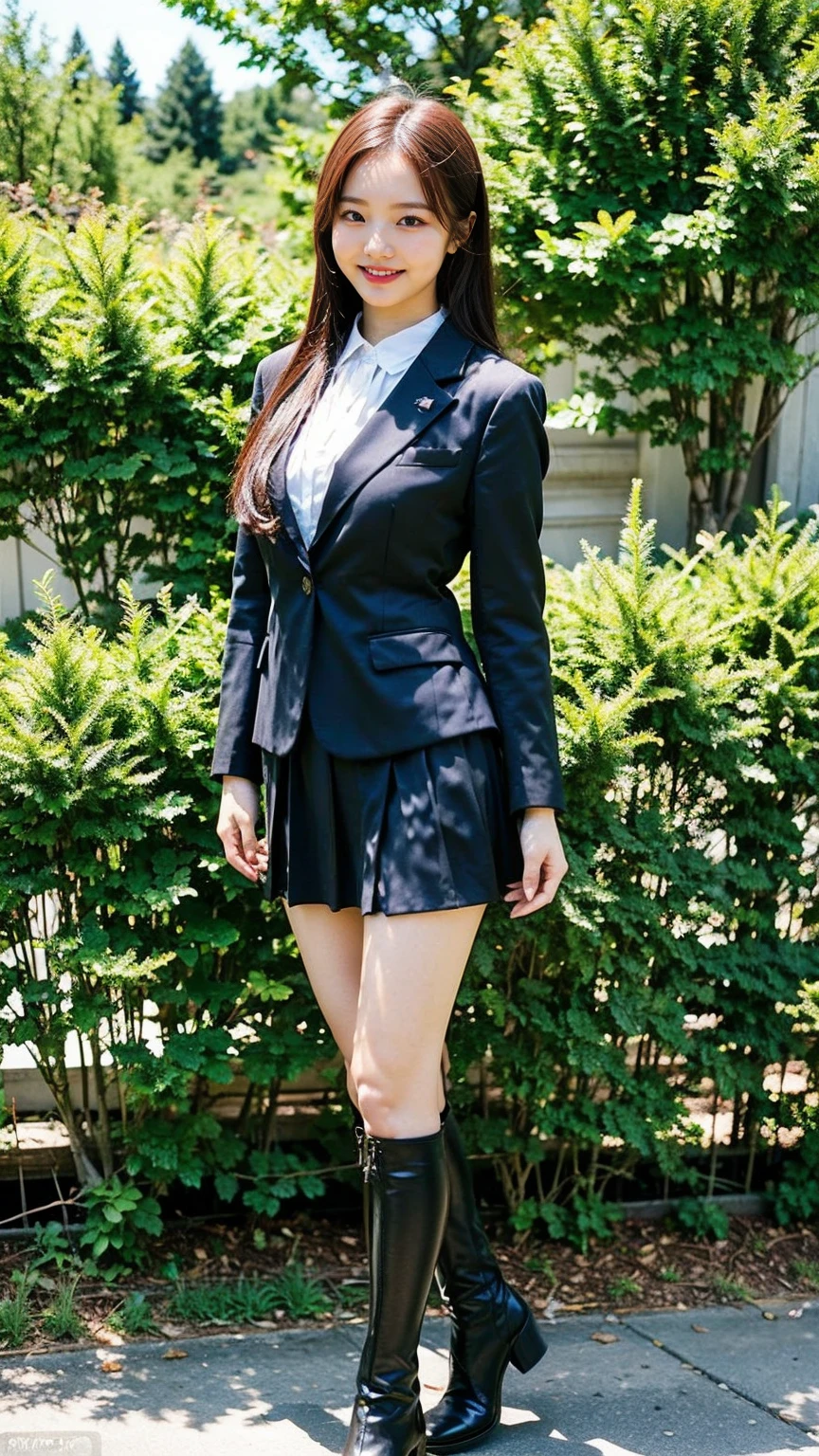 (8k、RAW Photos、highest quality、masterpiece:1.2)(Realistic、Realistic)、1 girl、((Black suit、Large Breastini skirt、boots、smile、Model pose、Are standing、garden、whole body))