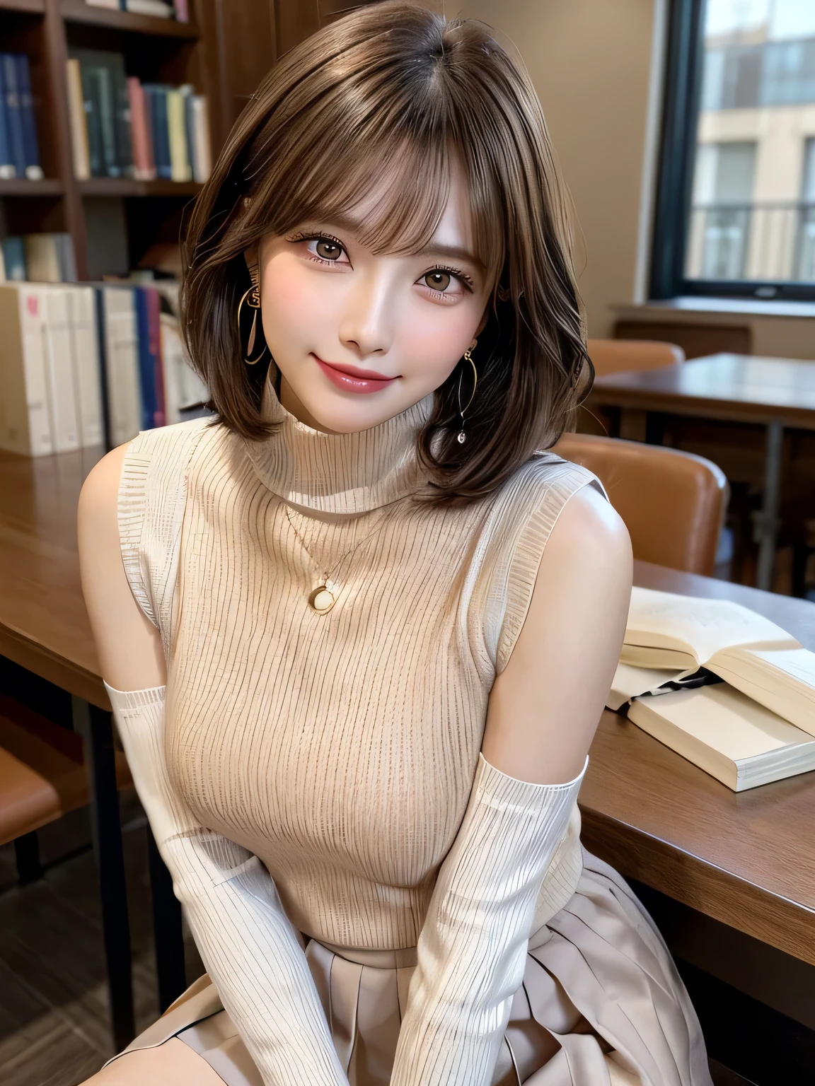 (Tabletop, highest quality, High resolution, , Pixel perfect, 4K,), 1 girl, single, alone, Beautiful woman、I could see the whole body、 ((Wavy short hair, bangs, Brown Hair)), ((Brown eyes, Beautiful eyelashes, Realistic eyes)), ((Detailed face, blush:1.2)), ((Smooth texture:0.75, Realistic texture:0.65, Realistic:1.1, Anime CG Style)), Medium chest, Dynamic Angle, Perfect body, ((, female teacher, , Earrings、necklace、((Beige turtleneck sleeveless sweater))、Long flared skirt in dark blue、Black knee-high stockings、Spread your legs wide、、A shy smile、sit at a desk in the library、Hold up your skirt with both hands)), Superior、、、evening、、(Pink lace panties are visible、、、Angle from below)、