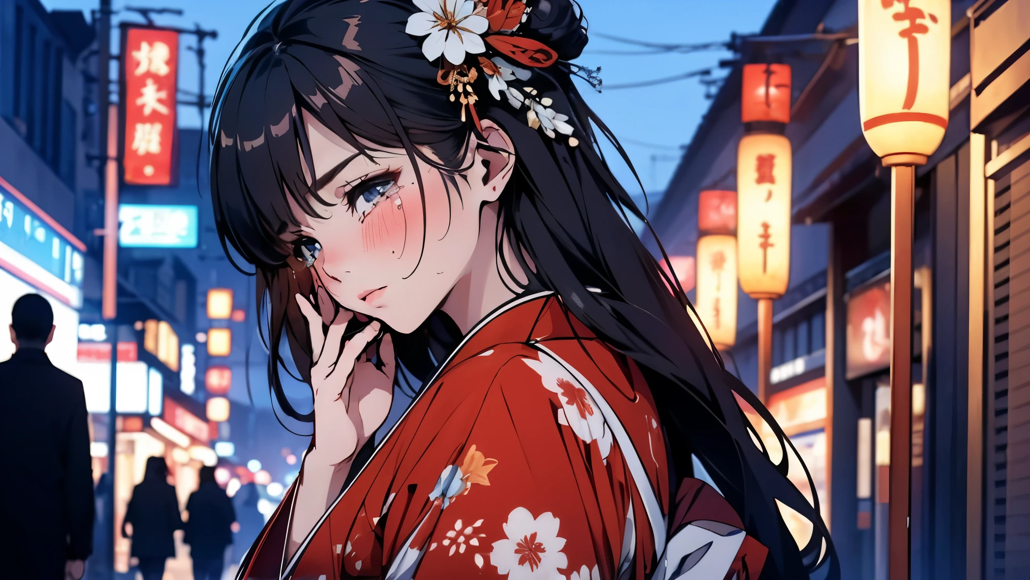 Beautiful woman in Japanese kimono who has been heartbroken(20-year-old,Beautiful Face,Are crying),One Woman,A man walking through the city at night crying、The whole body is shown