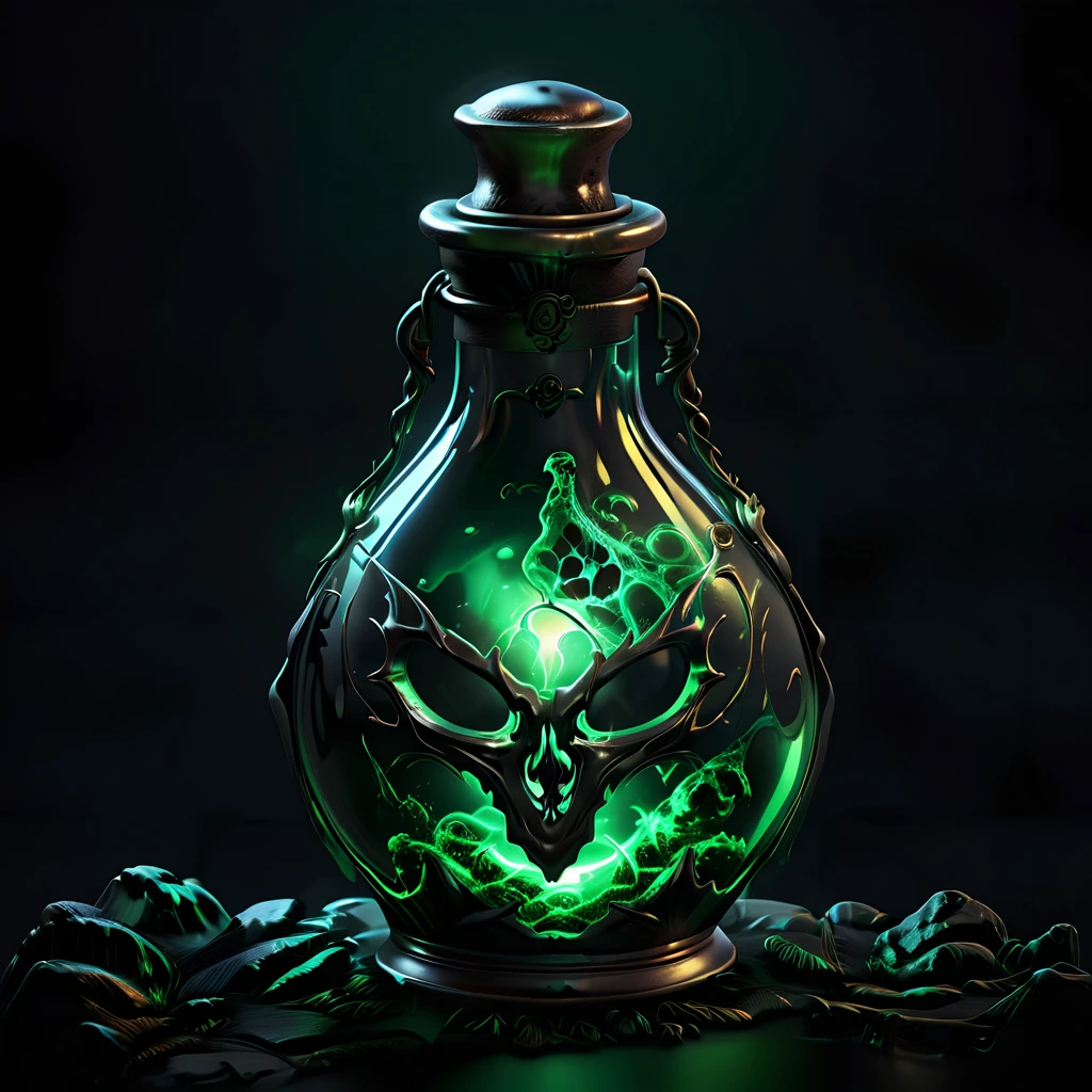 potion with skull inside, poison, gree glowing liquid, 4k, realistic, phograph, black background, simple background, game icon