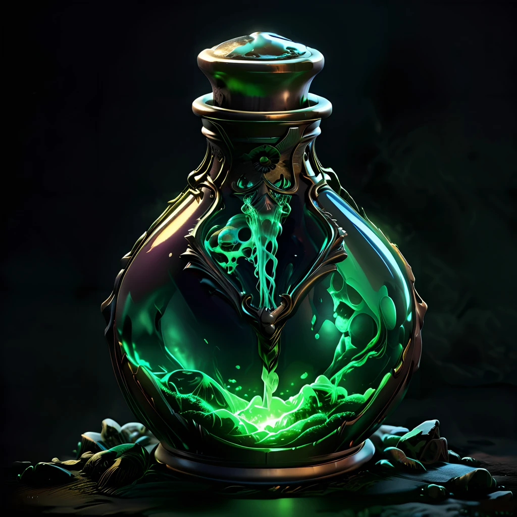 potion with skull inside, poison, gree glowing liquid, 4k, realistic, phograph, black background, simple background, game icon