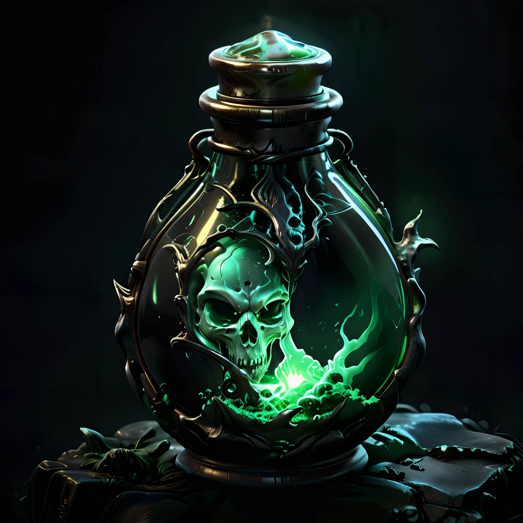 potion with skull inside, poison, gree glowing liquid, 4k, realistic, phograph, black background, simple background, game icon