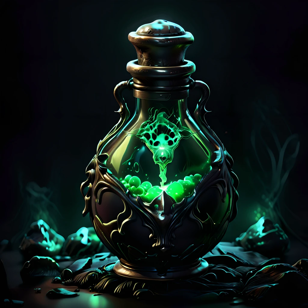potion with skull inside, poison, gree glowing liquid, 4k, realistic, phograph, black background, simple background, game icon