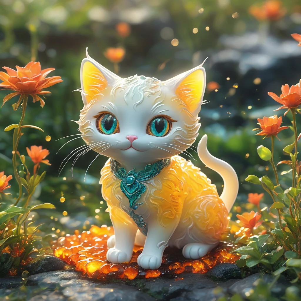 best quality, very good, 16K, ridiculous, Extremely detailed, Lovely(((Cat:1.3)))，Made of translucent boiling lava, Background grassland（（A masterpiece full of fantasy elements）））， （（best quality））， （（Intricate details））（8k）