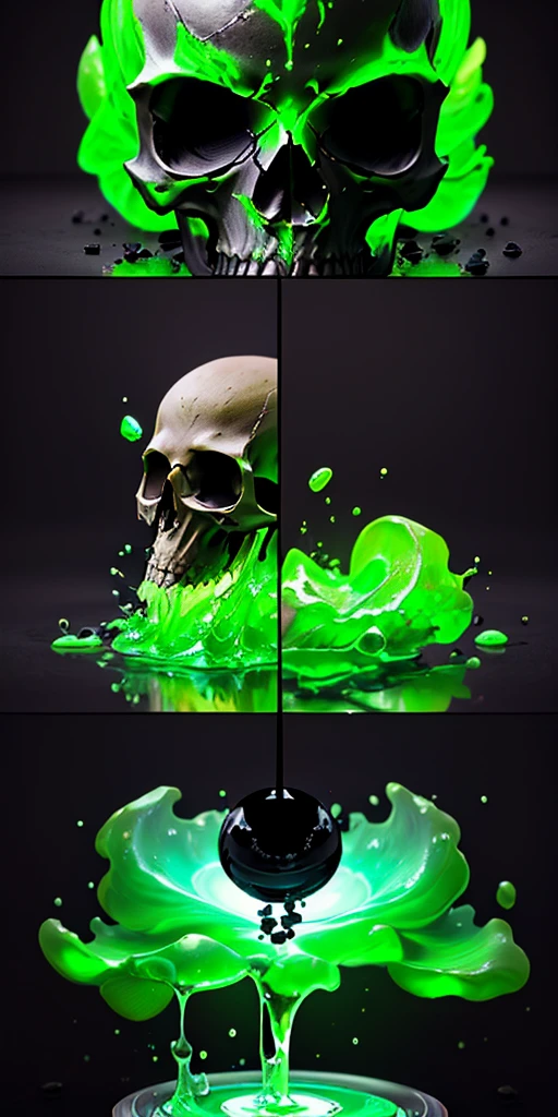 potion with skull inside, poison, gree glowing liquid, 4k, realistic, phograph, black background, simple background, game icon