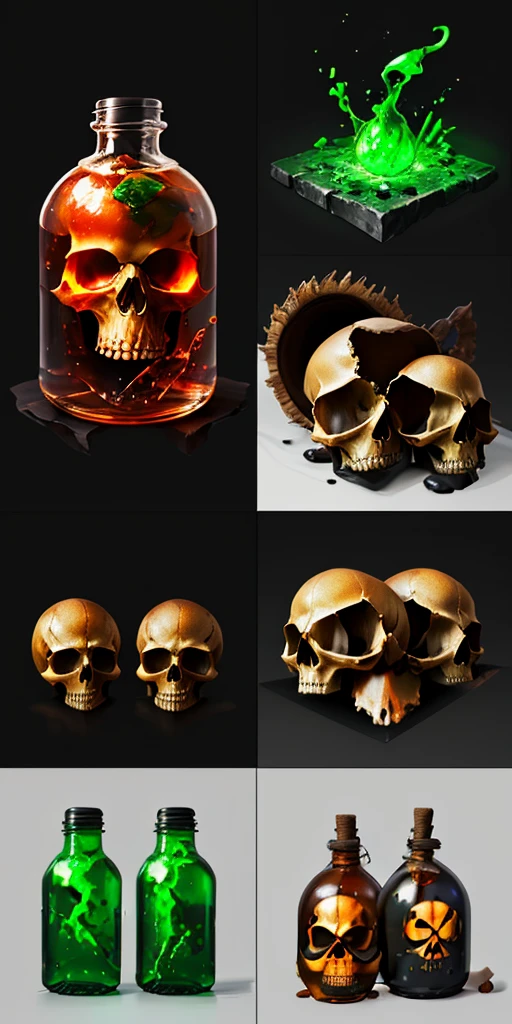 potion with skull inside, poison, gree glowing liquid, 4k, realistic, phograph, black background, simple background, game icon