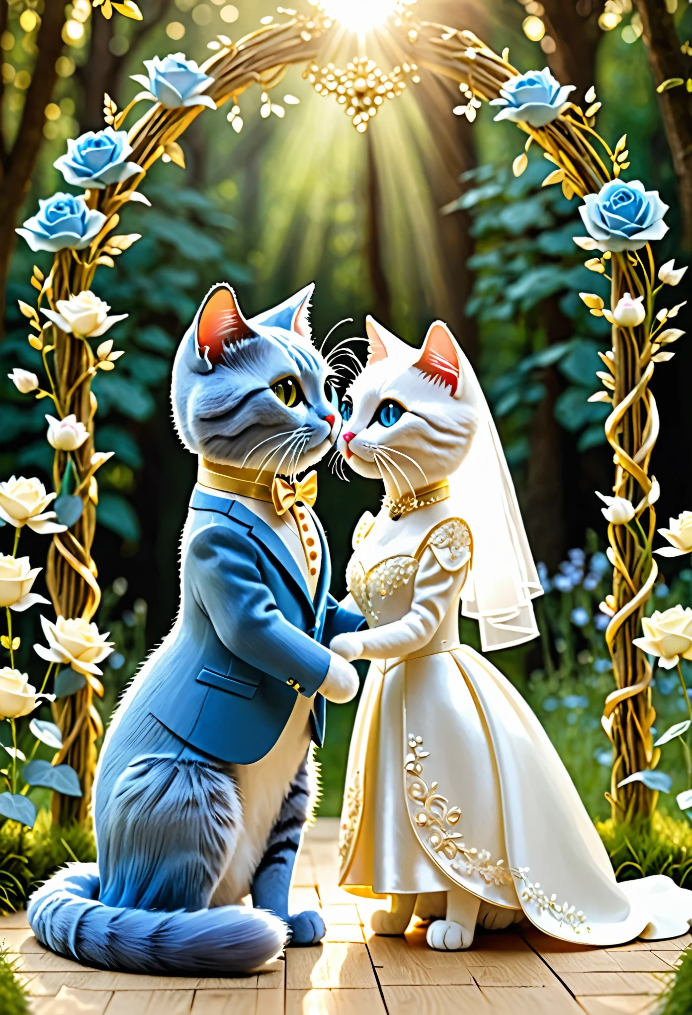 In front of the dreamy forest wedding hall, the English Short Blue Cat and the Puppet Cat stood elegantly side by side in their formal attire. They gazed at each other with deep affection, their eyes filled with longing for the future and deep affection for each other. The golden sunshine sprinkled on them, adding a touch of divinity and romance to this warm scene. Magic, fantasy, forest, sunshine, grass, wedding hall, cat, groom, bride, blue count, gentleness, white suit, blue rose, pure white wedding dress, wreath, wedding photos, meeting, oath, kissing, strolling, playful and playful, golden afterglow, sacred and romantic,(masterpiece, best quality:1.2)