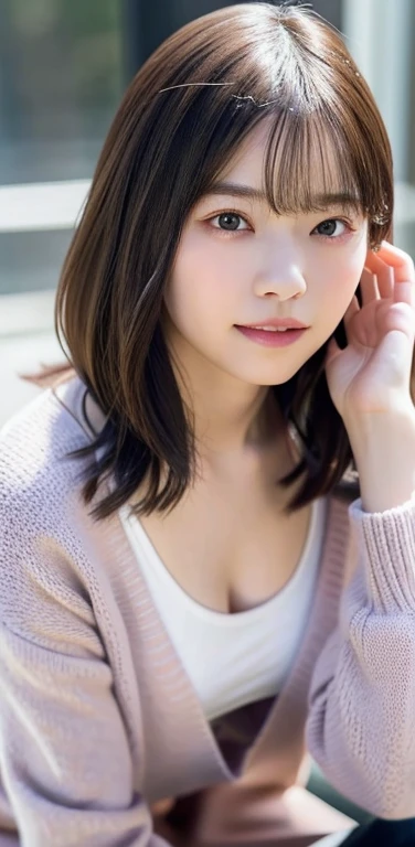 (8k), (highest quality: 1.2), (Realistic), (Realistic: 1.37), Ultra-high resolution,RAW Photos、 1 girl, Head to knee photo、cute, smile, Mouth closed, Beautiful details, Beautiful Nose, whole body, Wet Hair, Giant Dulcefo, pork, , (Small breasts)、Flat Chest、Breast like a 、Tight white nipples that suck on the breastsＴshirt、pastel cardigan、Nipples are visible through the、Voluptuous thighs、dolly make、Odd Eye、Heterochromia iridis