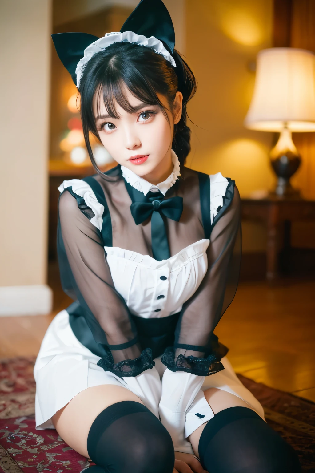 (((masterpiece))), (((highest quality: 1.4))), ((Super detailed: 1.4)) , ulzzang-6500-v1.1, (RAW Photos:1.2), (Realistic), (See through:1.3), (masterpiece), (Genuine:1.4), Very detailed, Sharp focus, Tensura:bright valentine、One beautiful woman, ((Beautiful, shiny silver grain、Detailed face、((Right eye is red、Bright blue left eye))、Gothic Lolita Maid Clothing、Knee-high socks、