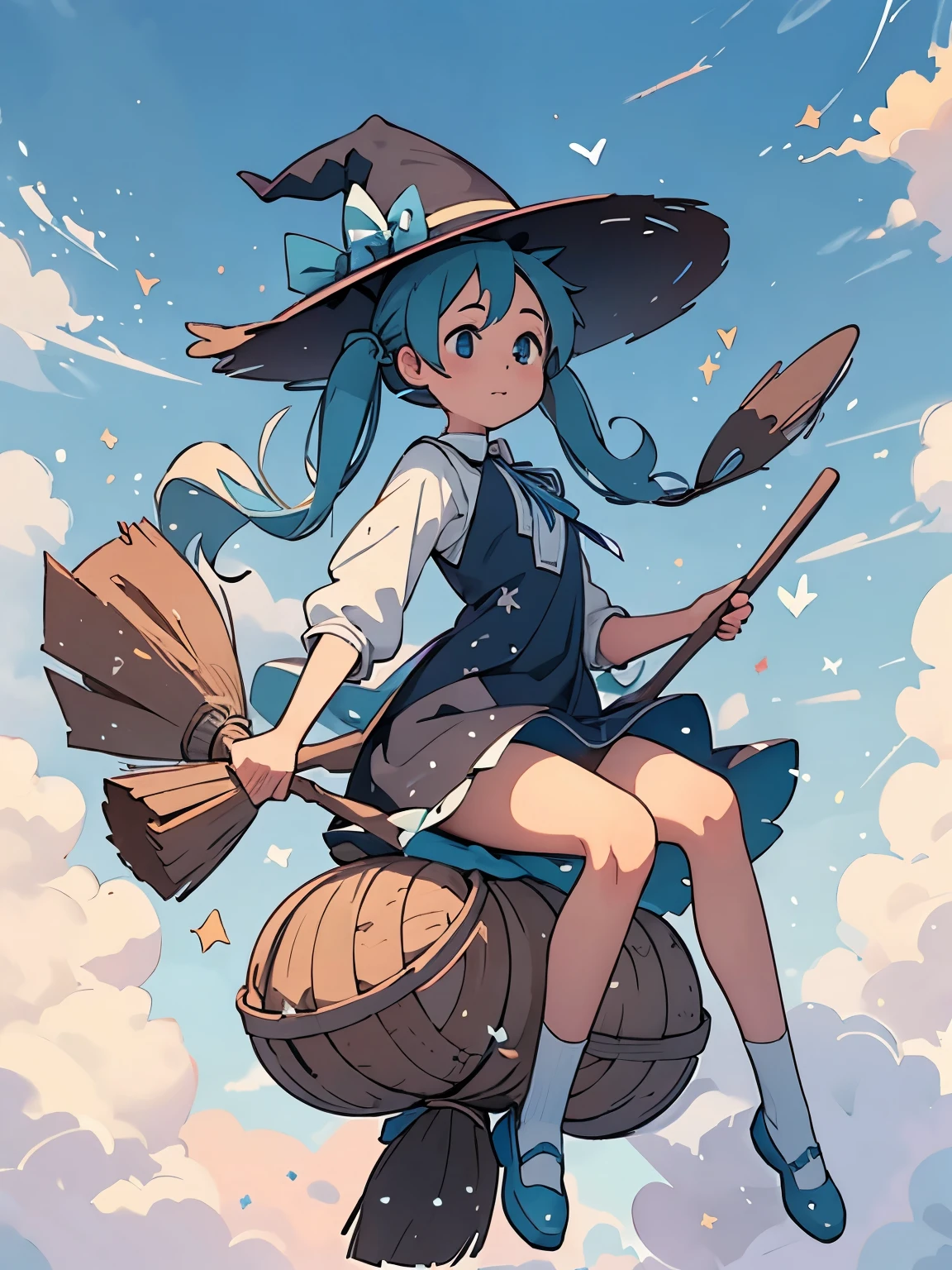 Bright blue sky，beautiful clouds，There is a sky witch flying in the clouds on a magic broom，Various witches are chasing her in the background，Beautiful sky witch riding magic broom