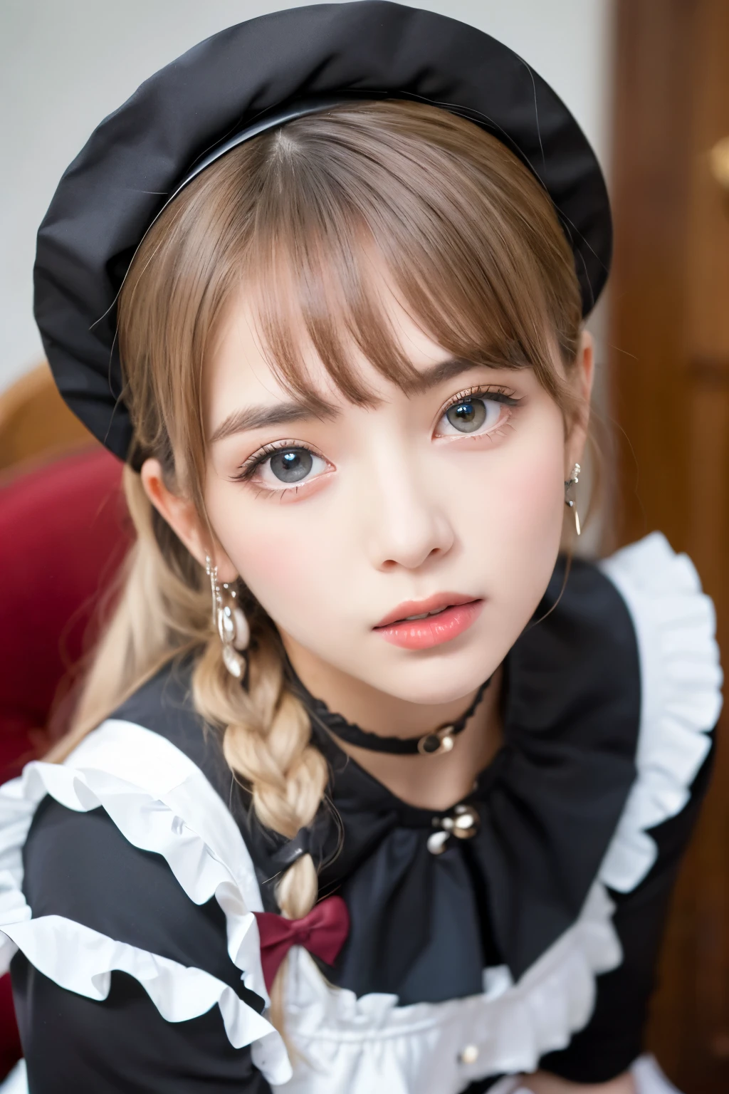 (((masterpiece))), (((highest quality: 1.4))), ((Super detailed: 1.4)) , ulzzang-6500-v1.1, (RAW Photos:1.2), (Realistic), (See through:1.3), (masterpiece), (Genuine:1.4), Very detailed, Sharp focus, Tensura:bright valentine、One beautiful woman, ((Beautiful, shiny silver grain、Detailed face、((Right eye is red、Bright blue left eye))、Gothic ta Maid Clothing、Knee-high socks、