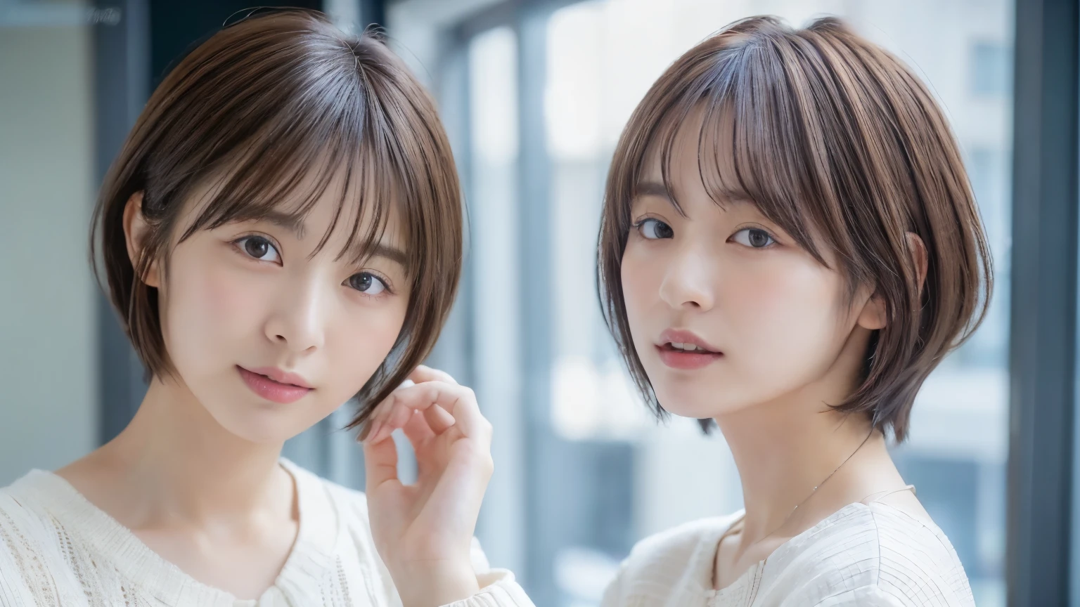 (highest quality、8k、32k、masterpiece、Hmph:1.2)、Cute Japanese Women Photos、Long sleeve dress、Very short hair、Photographed in natural light、Upper Body、Surface Focus、Simple Necklace、Photographed inside the cafe、From above、Looking at the audience、Mix 4、(8k、RAW Photos、highest quality、masterpiece:1.2)、(Realistic、Photorealistic:1.37)、1 girl、Photon Mapping、Physically Based Rendering、good looking、Excellent image quality、High resolution、1080p、(Beautiful face)、(Detailed facial depiction)、(Detailed explanation of the hand setter muscle parts)、(Detailed CG)、Dirty hair、masterpiece、Rich details、(exquisite features)、(Best image quality)、(masterpiece)、(Detailed eyes)、I look forward to seeing you、Delicate clavicle、Various poses
