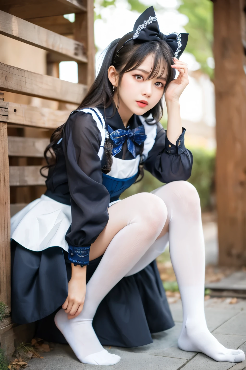 (((masterpiece))), (((highest quality: 1.4))), ((Super detailed: 1.4)) , ulzzang-6500-v1.1, (RAW Photos:1.2), (Realistic), (See through:1.3), (masterpiece), (Genuine:1.4), Very detailed, Sharp focus, Tensura:Luminous Valentine、One beautiful woman, ((Beautiful, shiny silver grain、Detailed face、((Right eye is red、Bright blue left eye))、Gothic ta Maid Clothing、Knee-high socks、