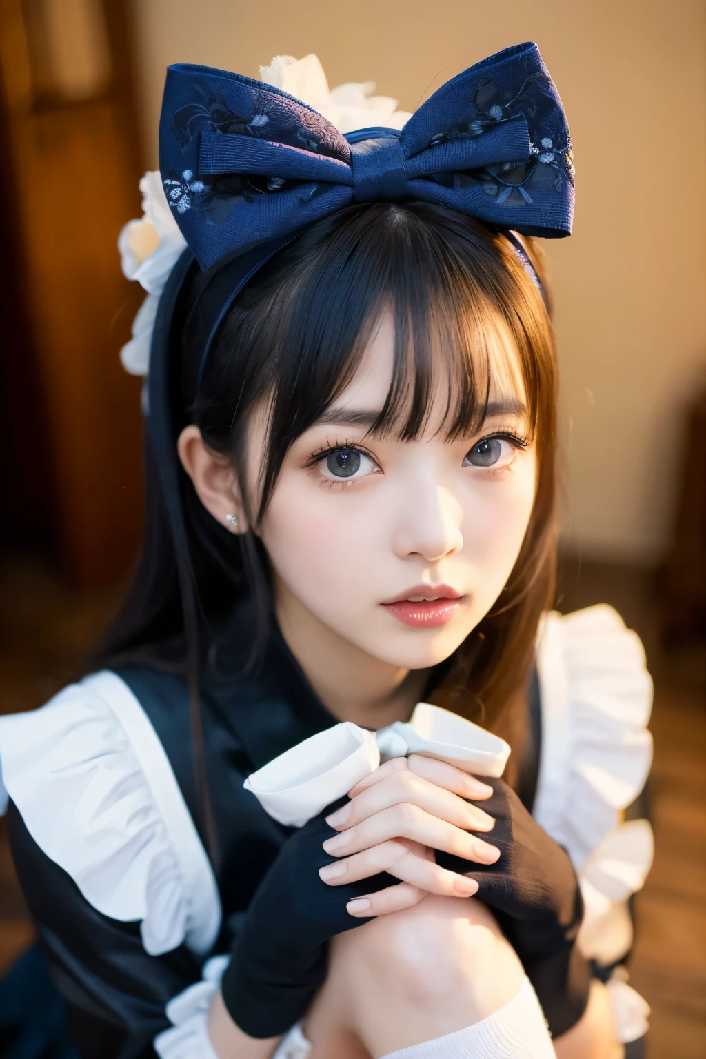 (((masterpiece))), (((highest quality: 1.4))), ((Super detailed: 1.4)) , ulzzang-6500-v1.1, (RAW Photos:1.2), (Realistic), (See through:1.3), (masterpiece), (Genuine:1.4), Very detailed, Sharp focus, Tensura:Luminous Valentine、One beautiful woman, ((Beautiful, shiny silver grain、Detailed face、((Right eye is red、Bright blue left eye))、Gothic ta Maid Clothing、Knee-high socks、