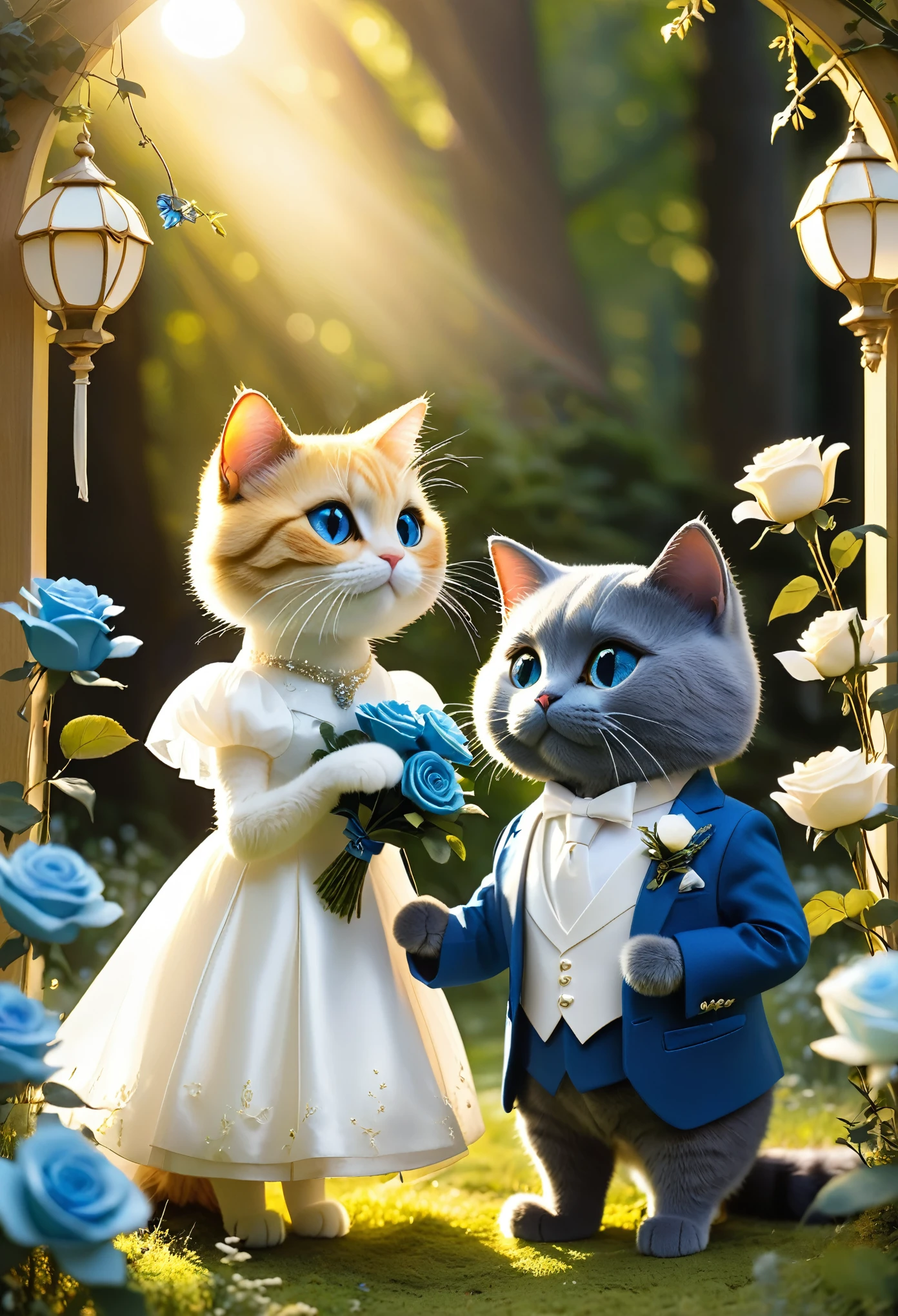 In front of the dreamy forest wedding hall, the English Short Blue Cat and the Puppet Cat stood elegantly side by side in their formal attire. They gazed at each other with deep affection, their eyes filled with longing for the future and deep affection for each other. The golden sunshine sprinkled on them, adding a touch of divinity and romance to this warm scene. Magic, fantasy, forest, sunshine, grass, wedding hall, cat, groom, bride, blue count, gentleness, white suit, blue rose, pure white wedding dress, wreath, wedding photos, meeting, oath, kissing, strolling, playful and playful, golden afterglow, sacred and romantic,(masterpiece, best quality:1.2)