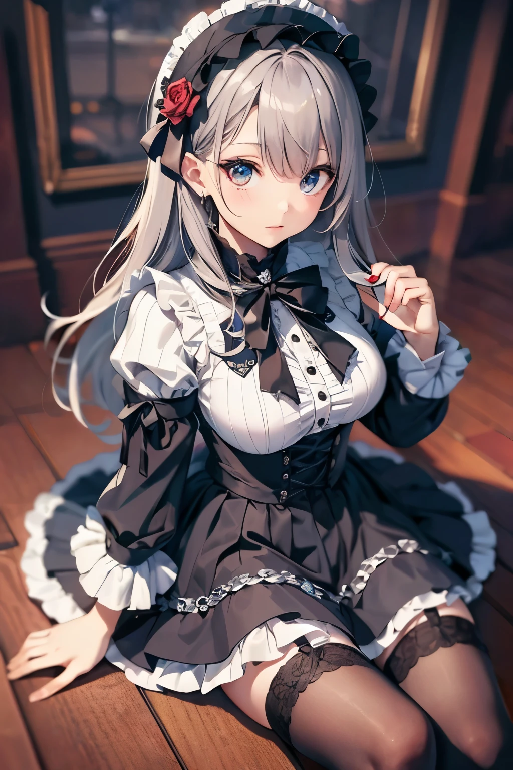 (((masterpiece))), (((highest quality: 1.4))), ((Super detailed: 1.4)) , ulzzang-6500-v1.1,  (RAW Photos:1.2), (Realistic), (See through:1.3), (masterpiece), (Genuine:1.4), Very detailed, Sharp focus, Tensura:bright valentine、One beautiful woman, ((Beautiful, shiny silver grain、Detailed face、((Right eye is red、Bright blue left eye))、Gothic Lolita Maid Clothing、Knee-high socks、