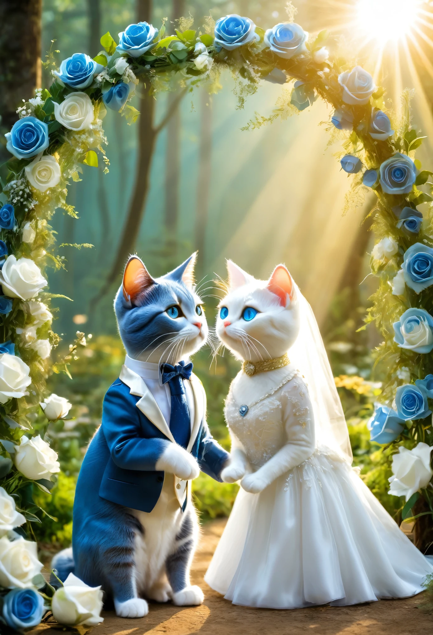 In front of the dreamy forest wedding hall, the English Short Blue Cat and the Puppet Cat stood elegantly side by side in their formal attire. They gazed at each other with deep affection, their eyes filled with longing for the future and deep affection for each other. The golden sunshine sprinkled on them, adding a touch of divinity and romance to this warm scene. Magic, fantasy, forest, sunshine, grass, wedding hall, cat, groom, bride, blue count, gentleness, white suit, blue rose, pure white wedding dress, wreath, wedding photos, meeting, oath, kissing, strolling, playful and playful, golden afterglow, sacred and romantic,(masterpiece, best quality:1.2)