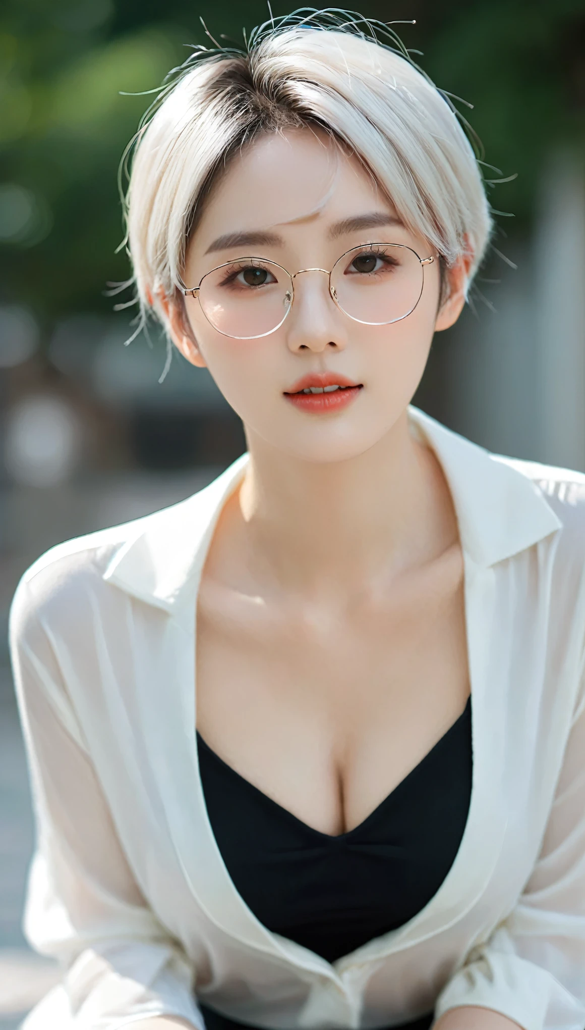 Sweet expression, Kneel down, Put your hands between your legs, White glasses, White short hair, (8K, original photo, Reality:1.25) ,( Lip Gloss, eyelash, Bright face, Smooth skin, best quality, Ultra-high resolution, Depth of Field, Chromatic Aberration, Caustic lines, Wide-angle light, Natural shadows, Korean Idol) Look at the audience with calm and goddess-like happiness, whole body, Large Breasts, white underwear, black, Transparent shirt, White shirt, secretary