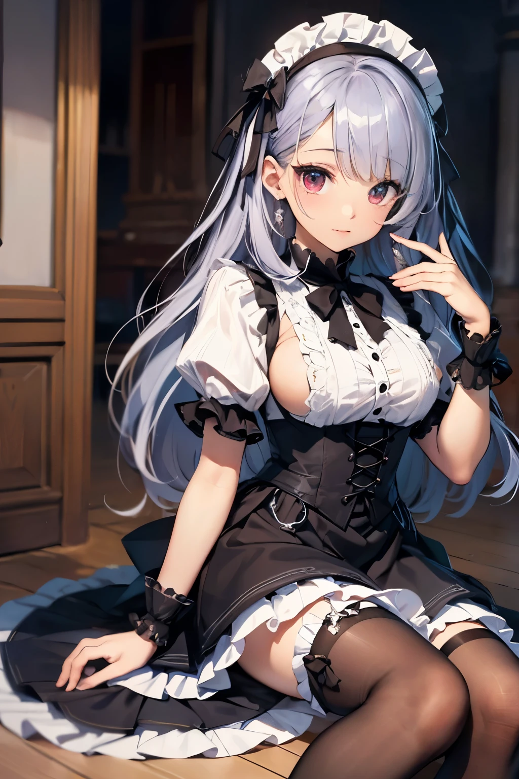 (((masterpiece))), (((highest quality: 1.4))), ((Super detailed: 1.4)) , ulzzang-6500-v1.1, (RAW Photos:1.2), (Realistic), (See through:1.3), (masterpiece), (Genuine:1.4), Very detailed, Sharp focus, Tensura:bright valentine、One beautiful woman, ((Beautiful, shiny silver grain、Detailed face、((Right eye is red、Bright blue left eye))、Gothic ta Maid Clothing、Knee-high socks、