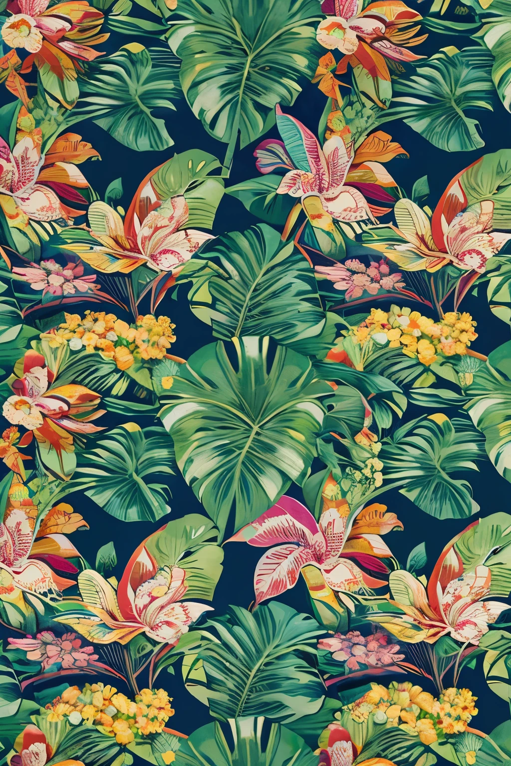 "Experience the vibrant energy of a tropical paradise with a seamless row of multi-colored rolled graphics, each one bursting with intricate floral patterns."