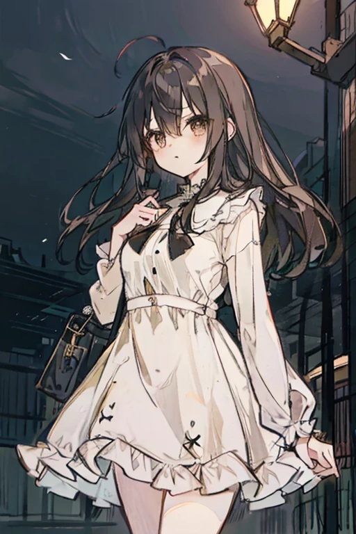 A black haired woman with brown eyes with an hourglass figure in a cute lolita dress is walking through the park at night