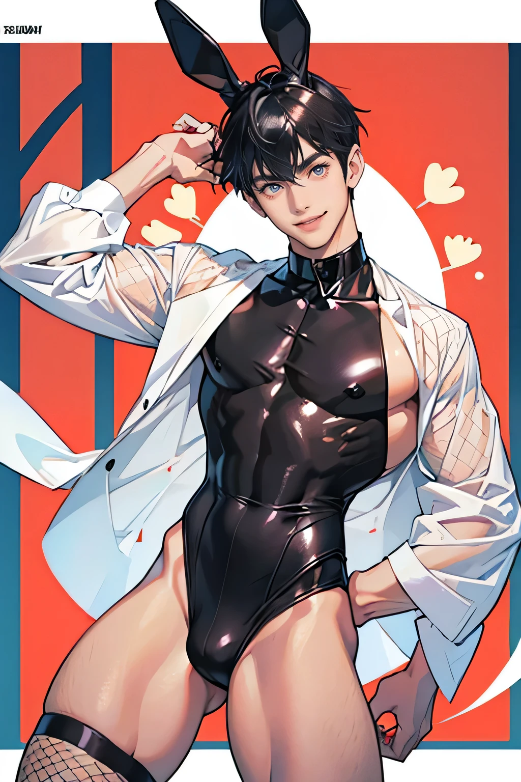 Handsome male 18 years old Japanese Short black hair cut Bunny ears whole body bunny 白いBunny ears White bunny tail leotard bulge Fishnet tights Bright smile Fashion magazine cover Magazine Cover Slim figure Fashion magazine cover