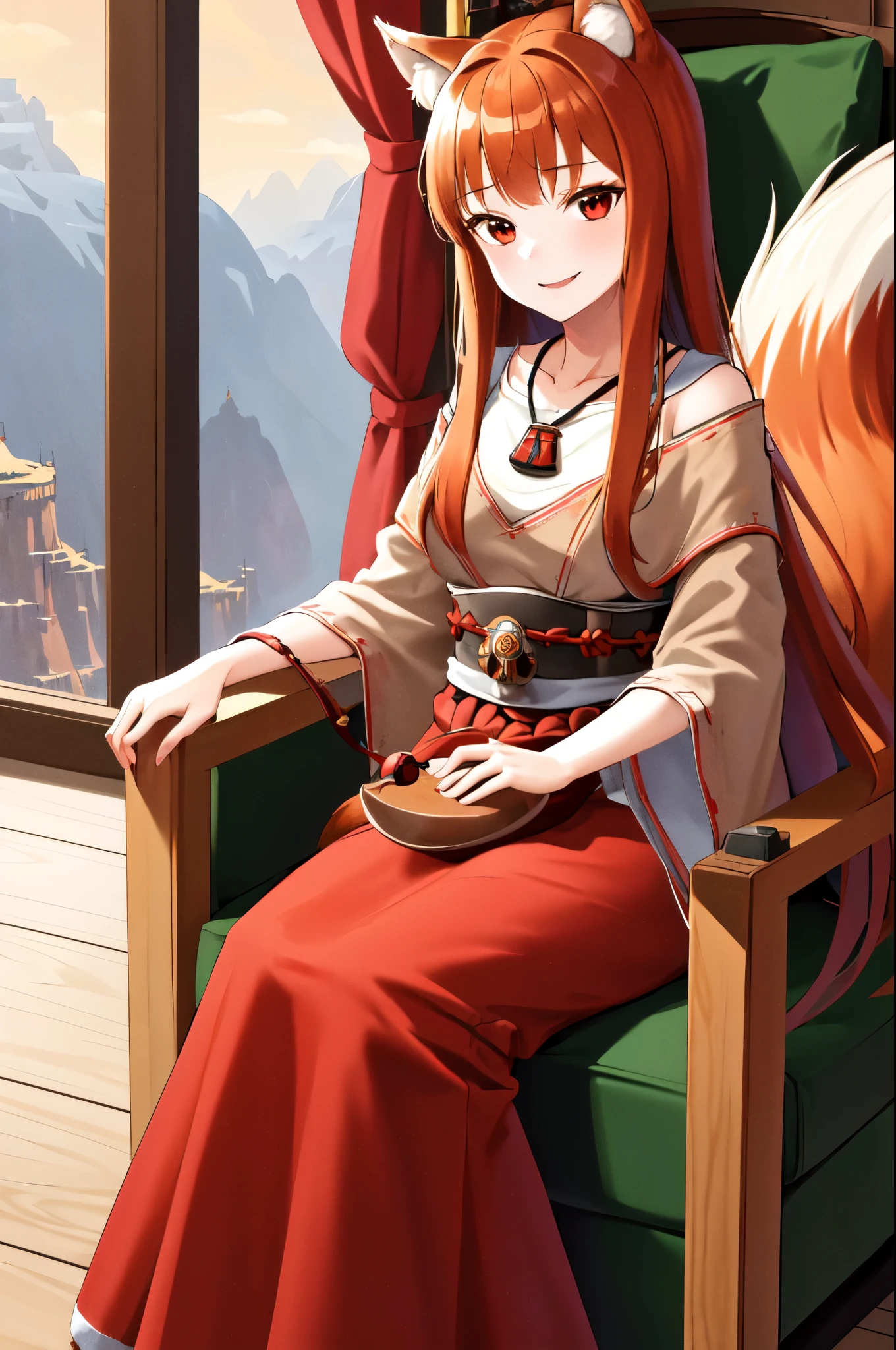 masterpiece, best quality, highres, 1girl, long hair, brown hair, animal ears, red eyes, (wolf tail), (crown, royal headwear, royal clothes, mantle), necklace, sash, pouch, smile, sitting on the throne, ((royal sci-fi landscape)), holding in hands, standing