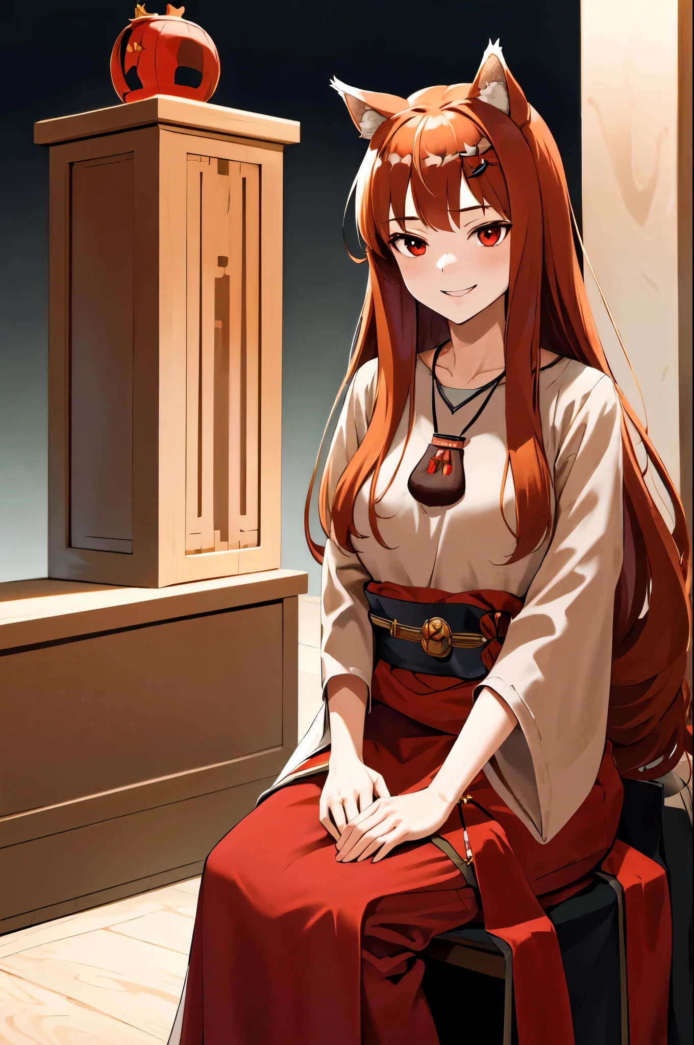 masterpiece, best quality, highres, 1girl, long hair, brown hair, animal ears, red eyes, (wolf tail), (crown, royal headwear, royal clothes, mantle), necklace, sash, pouch, smile, sitting on the throne, ((royal sci-fi landscape)), holding in hands, standing