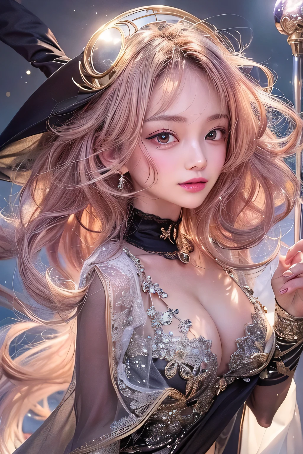 masterpiece, 1 Beautiful girl, Fine grain, highest quality, Ultra High resolution, (reality: 1.4), Cinema Lighting, Beautiful Skin, (Ultra-realistic), (High resolution), (8k), (Very detailed), ( Best illustrations), Pouting slightly, (Crystal colorful lights), Extremely refined and beautiful, beautiful detailed eyes, Round eyes, detailed facial features, (Round pupils:1.4), (alluring face), smile:1.3, Smiling lips, Smile, Beautiful girl, (Medium breasts:1.3), A shallow smile, Open lips, (Beautiful and detailed face, Beautiful and delicate eyes), pink cheek, mascara, pink hair, short hair, (witch:1.3), off shoulder, aerial, moonlit night, shining moon, (holding a shining magic wand) , full body, fierce battle, (from below:1.2), wearing a black dress,