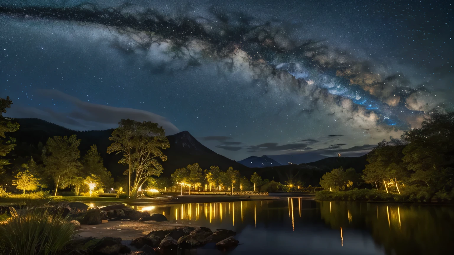 Master Parts, nice, landscape, (((no_Humanos))), night, flower, garden, Starry Sky, constellation, amazing, Overlooking, water, warm, comfortable, peaceful, meteor, Cosmic, magic, magic, details, fair, ((fire Fly))