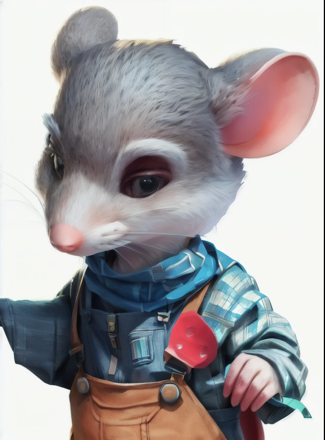 There is a mouse wearing overalls and a scarf, Anthropomorphic gangster mouse, an Anthropomorphic gangster mouse, Anthropomorphic mouse, Anthropomorphic mouse, an Anthropomorphic mouse, Mouse in clothes, cyberpunk mouse folk engineer, Portrait of a crazy mouse, Stanley Mouse, 3d Anthropomorphic mouse