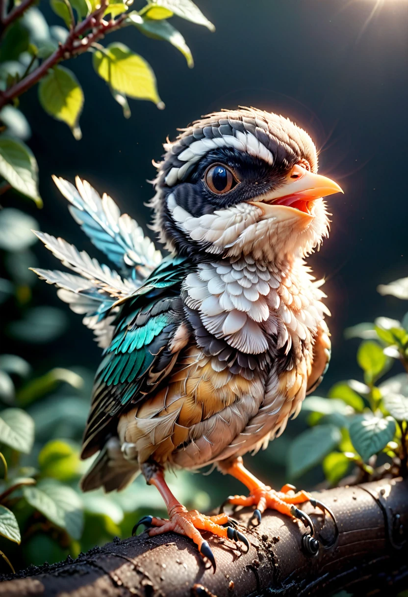 film photography style, best quality,ultra-detailed,HDR,animal photography, Cute little baby bird. Professional photography, national Geographic: macro photography hyperrealism trending on Artstation Michaelangelo volumetric lighting maximalist Alex Grey, victo ngai, Jean Baptiste mongue photoillustration 8k resolution concept art intricately detailed, sci-fi, realistic, light grain