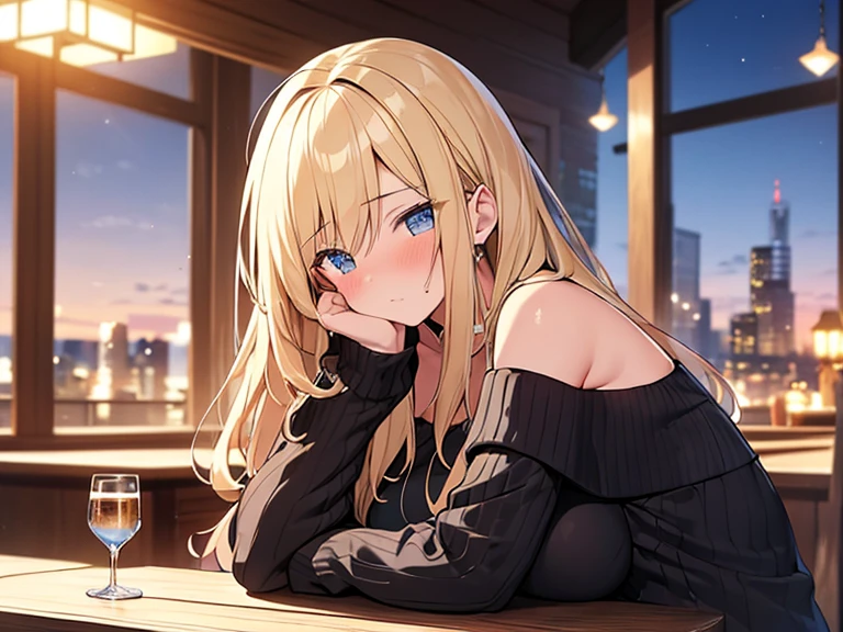 Masterpiece, Top quality, (1 beautiful girl :1.2), Blonde, medium hair, wave hair, airy hair, 24 year old, medium breasts, standard weight, off shoulder sweater, sleepy:1.2, narrow eyes, nose blush, drunk, hands up, elbows on table, face palm, beautiful scene of bar, blurry background, magnificent panorama view, glass with alcohol, close up, from front