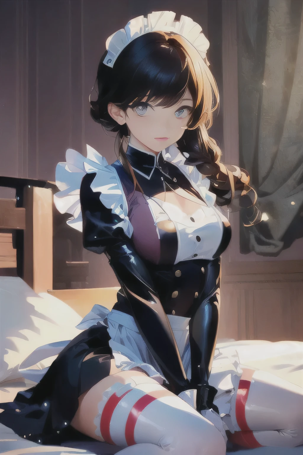A woman in latex clothing sitting on the bed,There is a light overhead, anime girl in a maid costume, gorgeous maid, maid outfit, Attractive anime girl, Beautiful charming anime woman, a Surrealism schoolgirl, anime cat girl in a maid costume, maid, a sexy maid in a magical forest, Surrealism , Smooth anime CG art.8K,beautiful eyes ,Delicate facial pupils