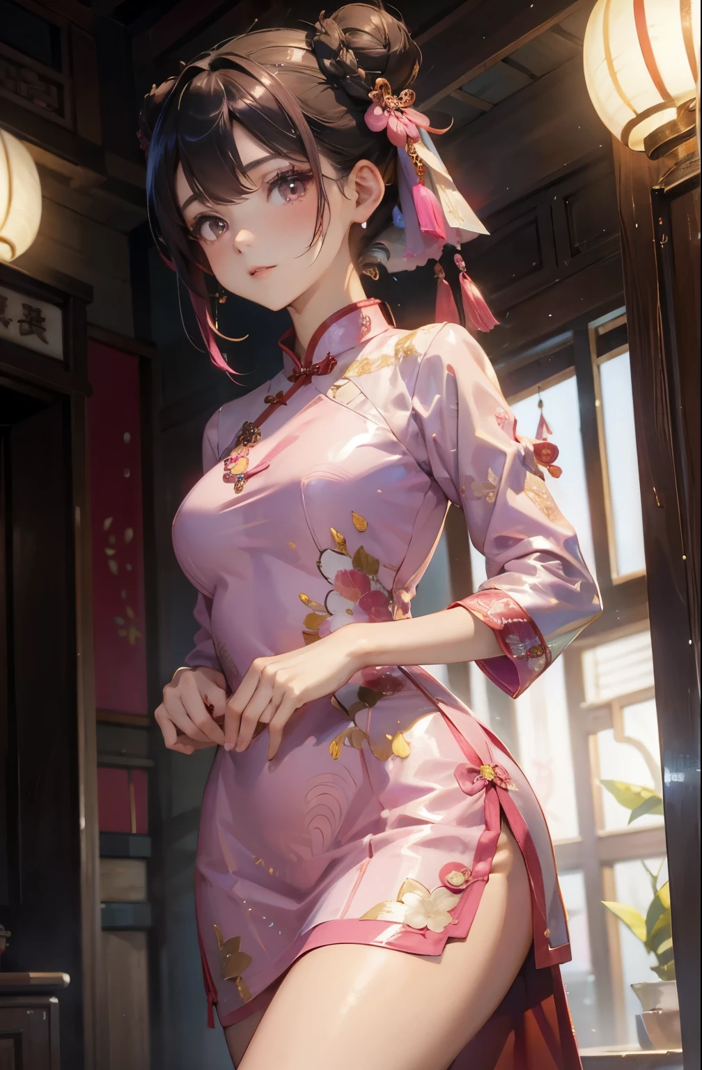 Cheongsam Beauty,Unique style。Pink cheongsam,Beautifully embroidered,Cut appropriately。High bun,Light makeup,Show noble temperament。Calm manners,Full of confidence,Show oriental charm。