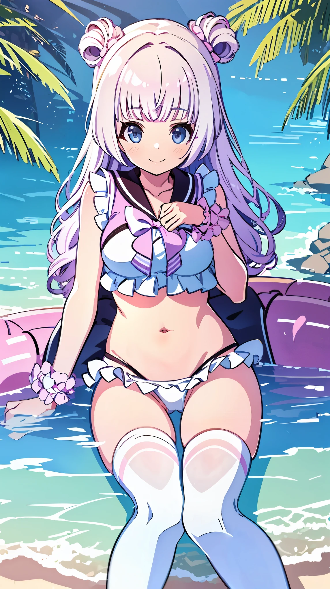 High resolution, (masterpiece, highest quality:1.0), 1 Girl, smile, , tanba akari, Wrist scrunchies, White knee socks, (((busty))), sensual body, Her cheeks flushed, swimwear , bikini , Forward bend , looking at me