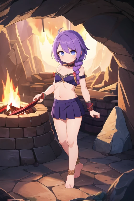 masterpiece, best quality, ultra-detailed, illustration, beautiful detailed eyes, 1girl, thin belly, bareshoulder, violet microskirt,purple braid hair, background is a cosy living with firepit, warrior, holding sword, smallbreast,full body, ontdoor, cave,