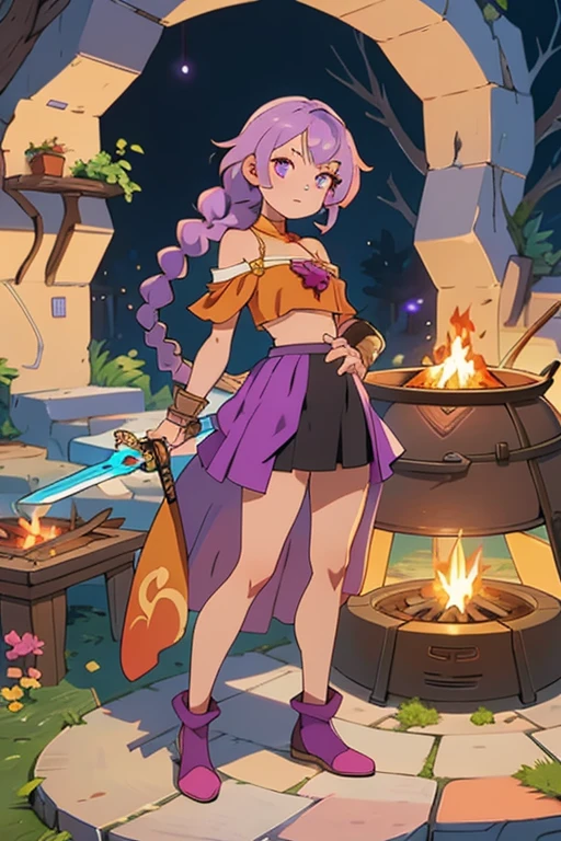 masterpiece, best quality, ultra-detailed, illustration, beautiful detailed eyes, 1girl, thin belly, bareshoulder, violet microskirt,purple braid hair, background is a cosy living with firepit, warrior, holding sword, smallbreast,full body, ontdoor, cave,