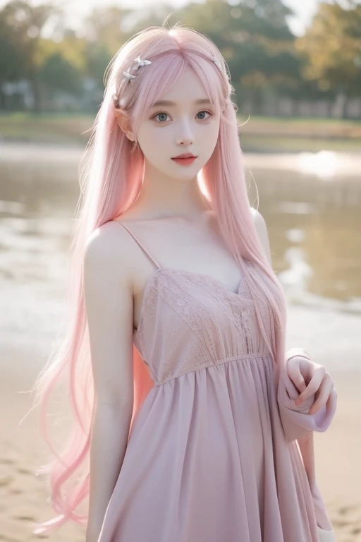 Girl, cute, elegant, beautiful hair accessories, beautiful pale dark and pale pink long dress, pale pink hair, hime cut hairstyle, beautiful eyes, at a cool place, 